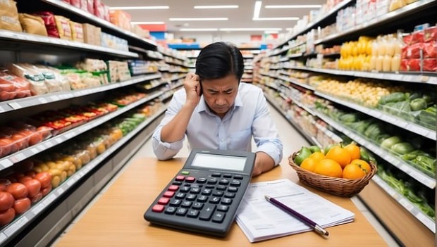 Man using a calculator in the grocery