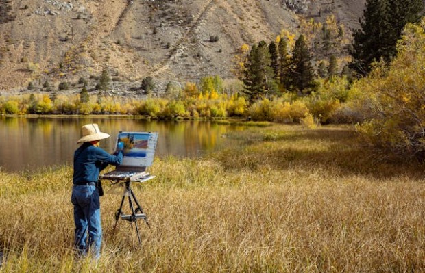 A man painting in the field