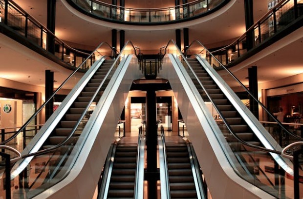 Empty escalators inside a building