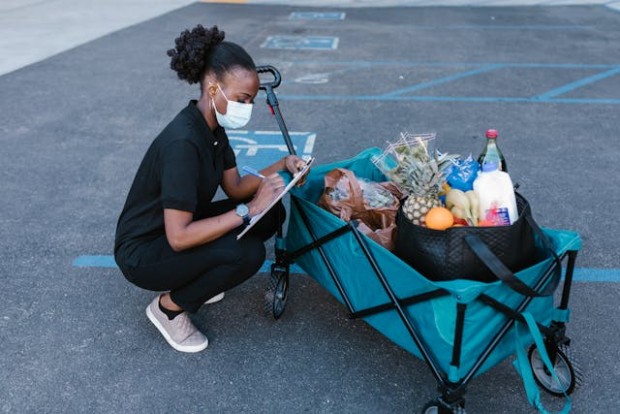 A woman checking the groceries