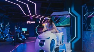A girl riding a virtual reality